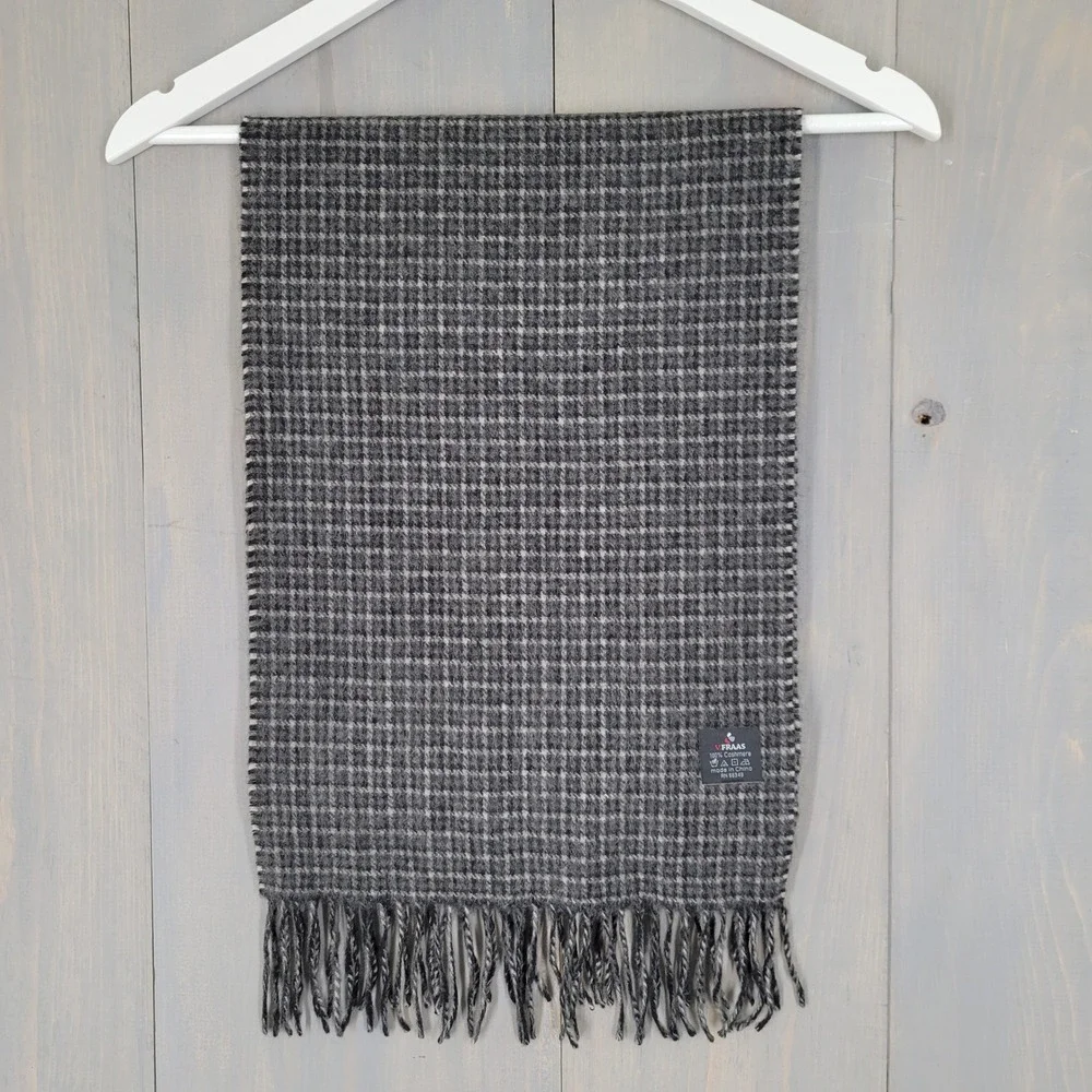 V. Fraas 100% Cashmere Scarf Unisex Grey Houndstooth Fringe Winter Scarf